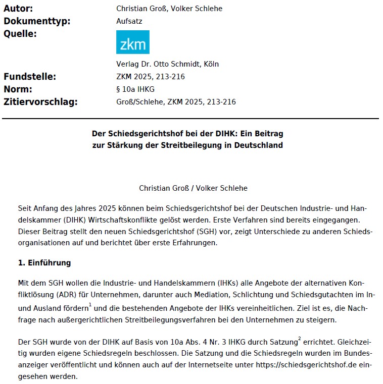 ZKM-Beitrag zu konsensualen und hybriden Streitbeilegungsansätzen beim SGH erschienen