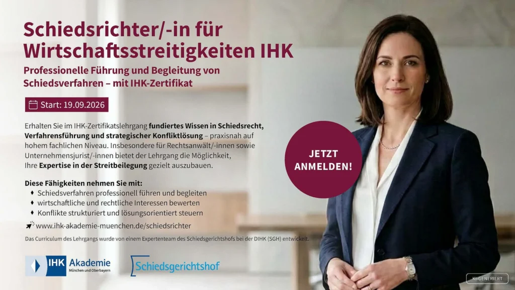 Zertifikatslehrgang zur Schiedsgerichtsbarkeit: Schiedsrichter/-in für Wirtschaftsstreitigkeiten IHK